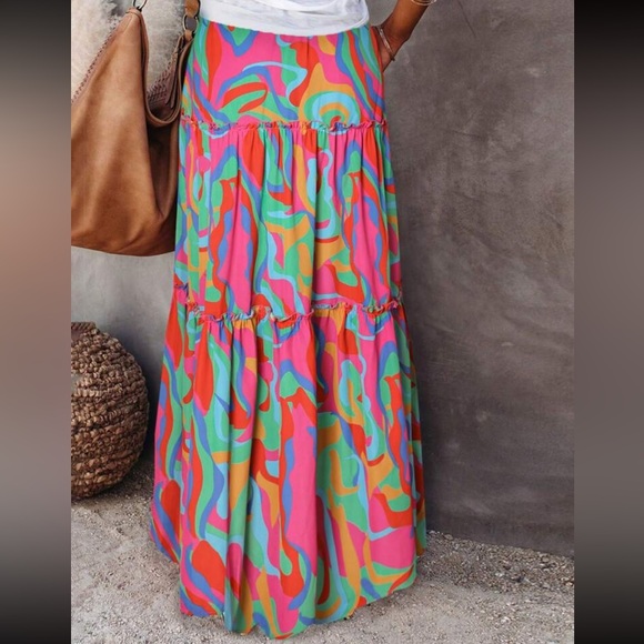 Boho Abstract Geo Color Block Print Pockets Maxi Skirt - Picture 2 of 3